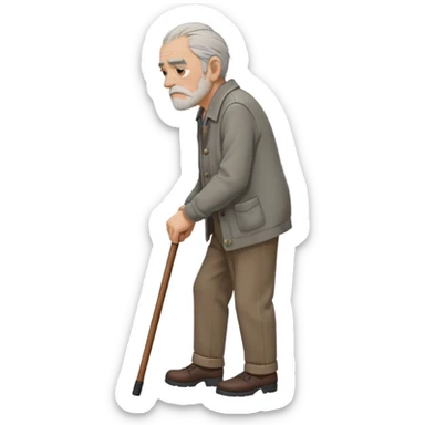 Old man leaning on a walking cane and holding his crancky back with his hand, grumpy face, detailed. Side view with the man going right sticker