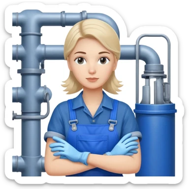 Russian factory worker gender neutral in blue overalls with gloves industrial background sticker