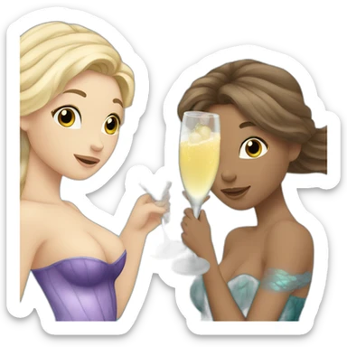 3 mermaids (two brown hair with brown eyes and blond one with blue eyes) drinking champagne sticker