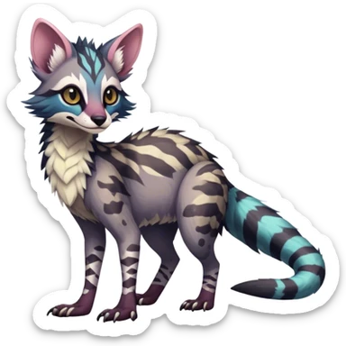 Feral Rare Fantasy dark colorful pastel vibrant tropical Vernid-Sergal-Genet-Trico-species by LiLaiRa, random markings, tufted tail, tufted ears, full body sticker