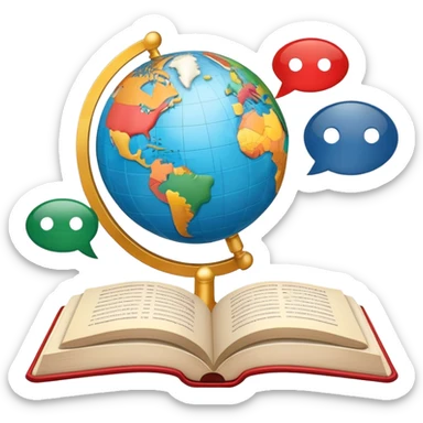 An icon featuring a globe with speech bubbles in different languages, symbolizing the study of foreign languages. The design includes a book and a pencil, representing learning and communication across cultures. Transparent background highlights the global nature of language education. sticker