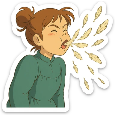 ghibli style person spitting feathers, whimsical sticker