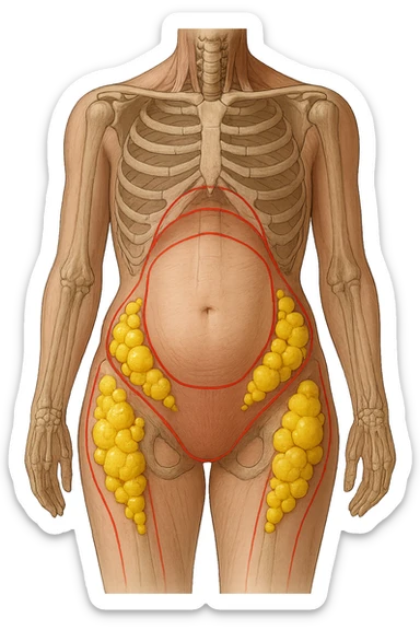 corpo umano anatomico con addome e fianchi segnati in rosso, grappoli di cellule adipose gialle su fianchi e addome sticker