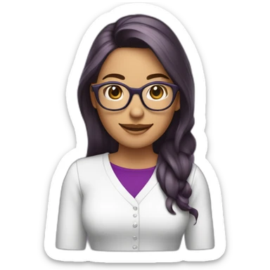 mujer con piel de color blanco con gafas camisa morada sonriente cabello corto y de color marron con un computador sticker