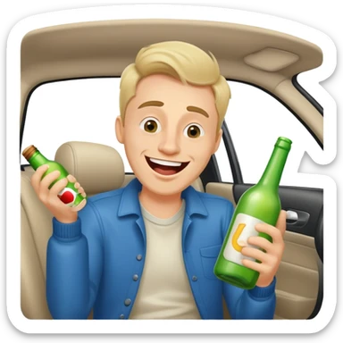 a drunk man holding a bottle fooling around laughing in a car sticker