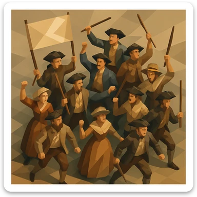 isometric illustration of 18th century protesters, full body, period-appropriate clothing, hats, banners, dynamic crowd, no text sticker