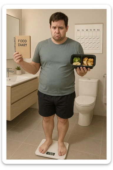 Uomo sulla trentina in piedi su una bilancia in bagno, con espressione delusa e confusa. In mano tiene un diario alimentare e un contenitore per i pasti già preparati, segno che sta seguendo una dieta. Dietro di lui un calendario con settimane segnate, ma senza cambiamenti. Il suo corpo appare identico a prima, senza progressi visibili. La bilancia digitale mostra lo stesso numero. Ambientazione pulita e moderna, toni neutri. Atmosfera di frustrazione e demotivazione, luce soffusa. sticker