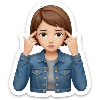 a woman with a brown short hair, looking at the left, facepalming, wearing a denim jacket, only upper body, high quality sticker