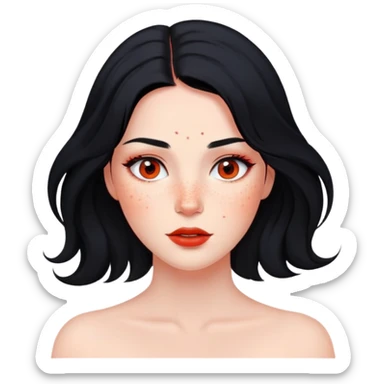 woman with flowing black hair, natural makeup, and prominent red freckles on face sticker