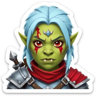 Fantasy Christmas orc legion soldier icon, iron tundra army theme, heavy winter armor, disciplined brutal look, dark icy steel armor with bold crimson cloth and markings, cold blue shadows, high contrast, clean emoji portrait style, female variant sticker