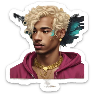 Vintage painting swirls gold jewellery baroque raven wings angel tropical Deep pink maroon burgundy cyan dark hoodie man vitiligo dyed hair gold piercings nose piercing ear piercings sticker