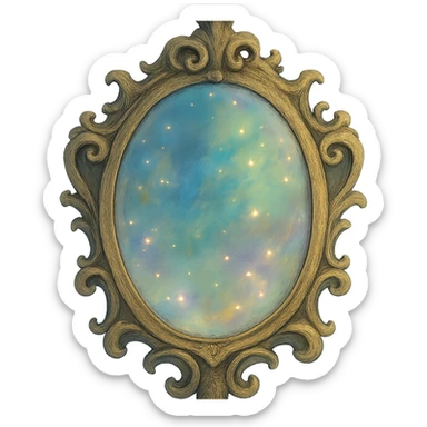 enchanted mirror with ornate frame, dreamy lighting, soft painterly textures, magical and whimsical sticker