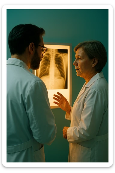Realistic, detailed photo taken from behind of two doctors—a bearded man and a middle-aged woman—standing and facing each other as they discuss a diagnosis in front of a medical chart. The scene is illuminated by a yellowish, orange, warm light that softly envelops the doctors. The entire room is bathed in a single green-blue color, creating a cohesive and modern atmosphere. Both doctors wear white coats, and their body language suggests a serious, professional conversation. Shot with a Canon EOS R5, with high detail and natural depth of field. sticker