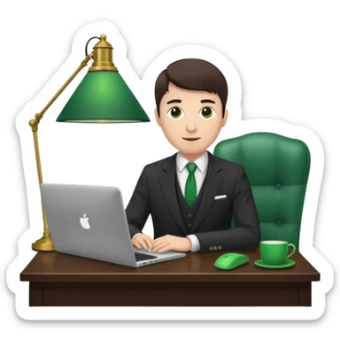 Mach mir einen Trader mit Anzug der mit seinem Laptop am schreibtisch sitzt mit so einer alten grünenlampenschirm lampe sticker