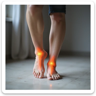 adult woman with expression of pain in foot and knees, caused by orthotic insole, realistic style, anatomical details, neutral environment sticker
