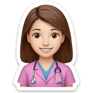 doctor, pink, she, hair brown, eyes brown, scrub baby pink, white skin, long hair, smile  sticker