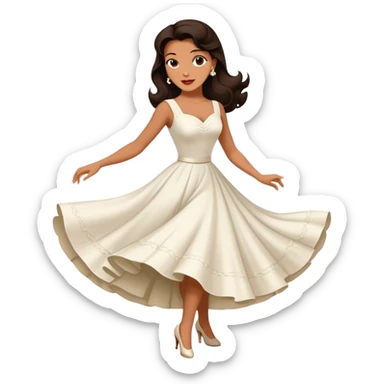 Beautiful woman in 1950’s woman fashion look, white dress, long dark brown hair, balboa dance sticker