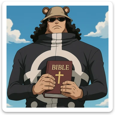 Bartholomew Kuma from One Piece, standing with Bible book, bear hat, sunglasses, anime style sticker