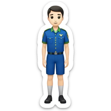 full body white male with dark short hair wearing blue and green uniform sticker