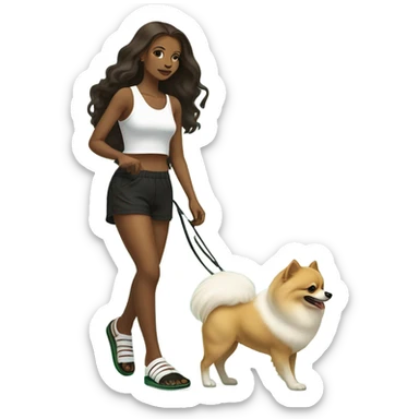light skin skinny women with brown long hair, worn down, parted to the side, wearing black shorts, white tank, black flip flops, walking only 1 white pomeranian on a green leash sticker