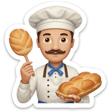 Middle aged male pastry chef - with a mustache, apron, white hat, holding bread sticker