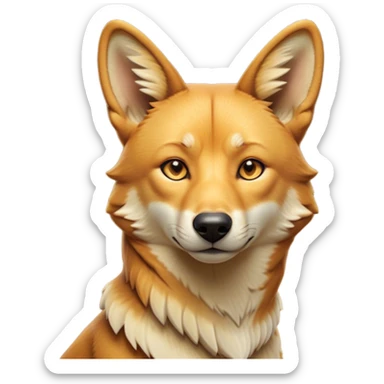 Cinematic Noble Dingo Portrait Emoji, Poised and regal, with a lean, agile build and a short, sandy-tawny fur that speaks of the wild outback, deep-set soulful amber eyes and alert ears, Simplified yet sharp and sophisticated features, highly detailed, glowing with a soft, dignified glow, high shine, intelligent and resourceful, stylized with an air of untamed elegance, focused and attentive, soft glowing outline, capturing the essence of a watchful and confident wild canine, so majestic it feels as though it could trot out of the screen with effortless authority! sticker