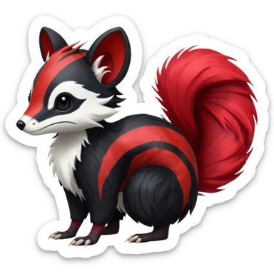 Feral Rare Fantasy shiny soft fuzzy furry vibrant tropical obsidian-black and crimson-red Vernid-Trico-species-creature by LiLaiRa, random markings, tufted tail, tufted ears, full body with markings with white skunk-tail-stripes sticker