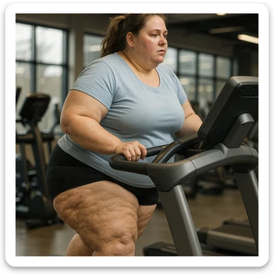 overweight woman doing cardio on treadmill, stubborn fat on legs and thighs, hyper realistic 4K style, realistic details, gym background sticker
