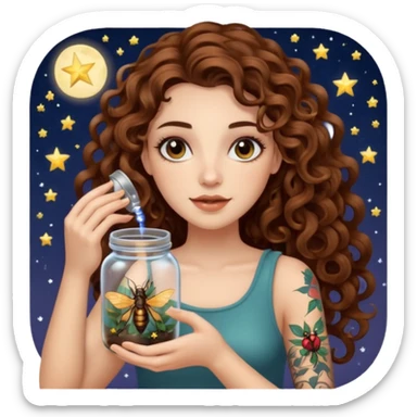 woman with long curly brown hair, brown eyes, white skin, tattoos, holding a jar of captured starlight insects sticker