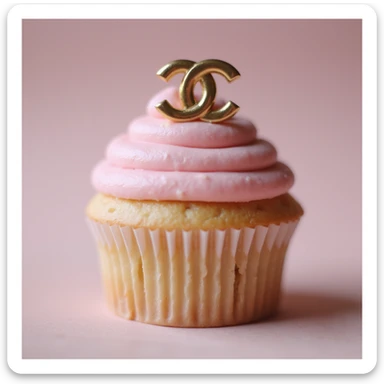 photorealistic pastel pink Chanel cupcake with a gold logo accent, luxury style sticker