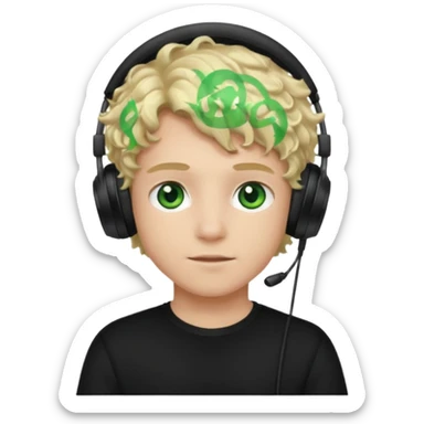 curly blonde haired boy with green eyes, wearing a black top and black gaming headphones sticker