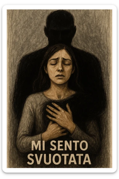 Vertical format: A woman with closed eyes and hands on her chest, a dark shadow enveloping her coming from the man, text in Italian: 'Mi sento svuotata'. sticker
