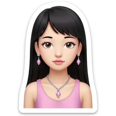 Cabelos pretos longos lisos ,com franja curvada  na altura do queixo .olhos pretos puxadinho para cima. Cílios longos curvados. Pele clara ,nariz pequeno ,lábios carnudos ,adolescente 16 anos ,vestido rosa de alça, colar pequeno prata ,brinco de diamante pequeno  sticker