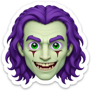 Vampire, long curly hair, male, fanged teeth, stitches with one side of face green and the other side purple, sticker