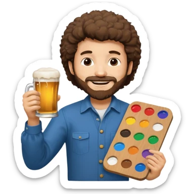Bob Ross wishing congratulations with a paint palette and a beer sticker