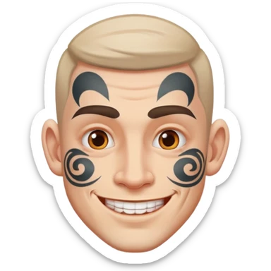 white man with bold face tattoo, happy face sticker