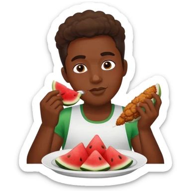 a black person eating friedd chicken and watermelon sticker