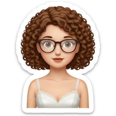 Chica blanca, pelo rizado y castaño,gafas, vestido novia corto, cuerpo entero sticker