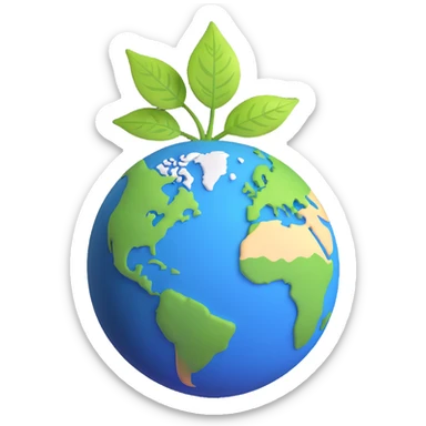 Green leaf on top of a round Earth globe, simple background, soft light sticker