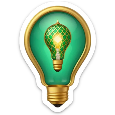 3D emoji, light bulb with Moroccan arabesque pattern inside, golden frame, glowing light, emerald green and gold colors, minimalist, white background. sticker