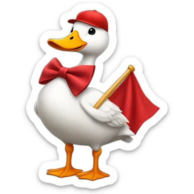 White goose wearing a red baseball cap and, bow tie on neck, holding big red flag, whole body sticker