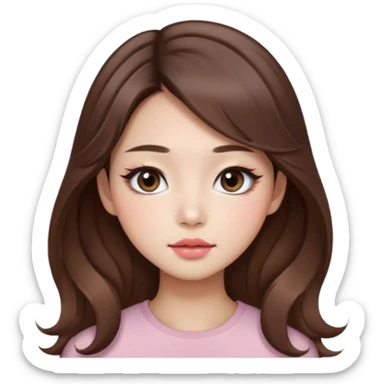 “korean straight brown hair Emoji girl, soft eyeliner and blush, gradient lips, light brown shimmer eyeshadow, long wavy hair,  sticker