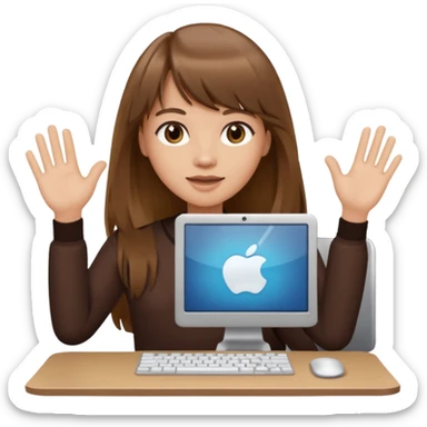 a designer with light skin long brown hair bangs waving with computer, no glasses sticker