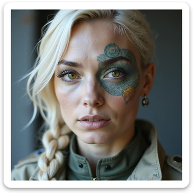 a banknote bill. full frame close up of a "20 crisp" banknote. futuristic, cyberpunk. stellar and planetary style designs adorn the bill. the face pictures is a woman in her 20's, gold yellow eyes, white hair in a single long braid, side of head shaved. she wears a military flight bdu sticker