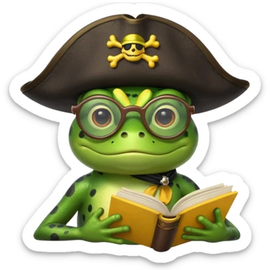 frog wearing pirate hat with glasses and yellow book sticker
