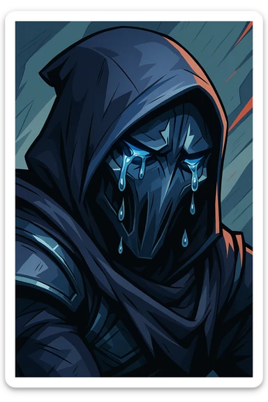 Crying Valorant Omen character, expressive, detailed, focus on teary eyes and mask, iconic Valorant style sticker