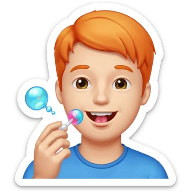 the guy is chewing gum and make a buuble sticker