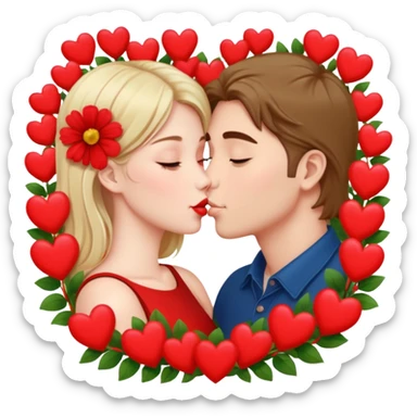 Hyper Realistic Couple kissing surrounded by red hearts and flowers sticker