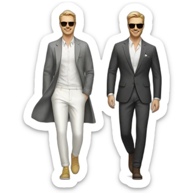 White Men models walking in a fashion walk way showing of their cloths sticker