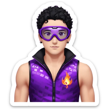 male athlete with white skin and moderately curly black hair on top with shaved sides, wearing ski goggles with purple frames and very dark black lenses, a simple plain black chain necklace, and a completely unzipped sleeveless vest with purple and black sequin fire pattern design, fully revealing his chest, shoulders and arms, no earrings sticker